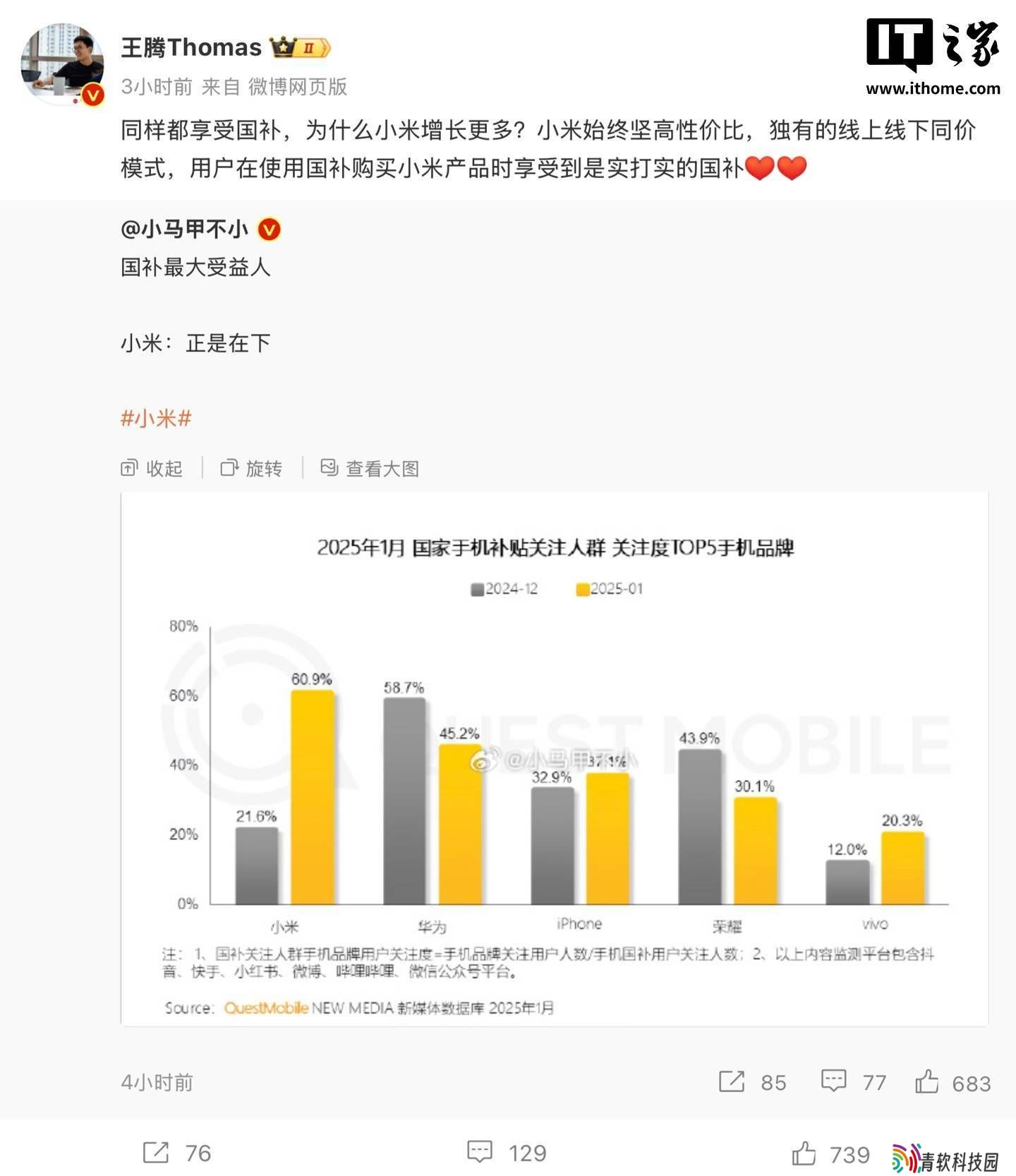 小米国补手机关注度夺冠，王腾：高性价比与国补让用户实打实受益