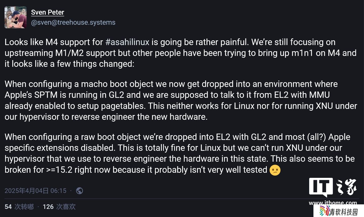 Asahi Linux 项目遇阻：M4 Mac 支持进展缓慢