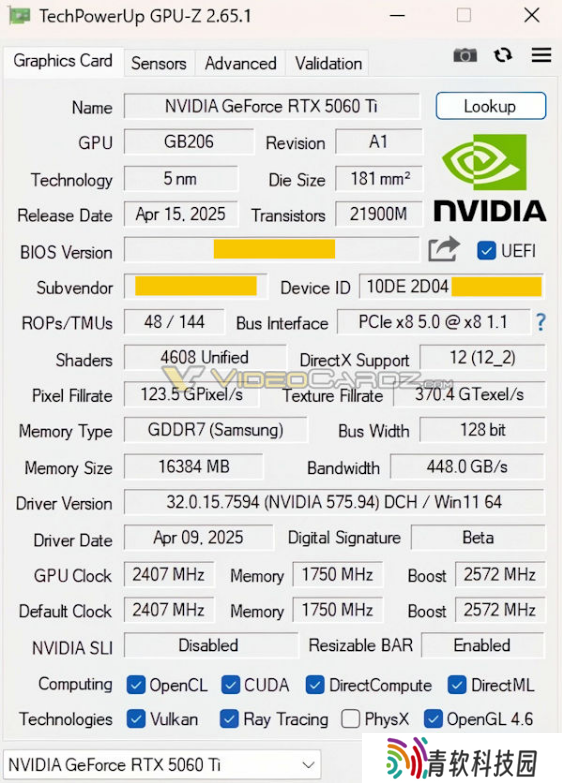 英伟达 RTX 5060 Ti 显卡完整规格曝光：16GB 显存，180W TDP