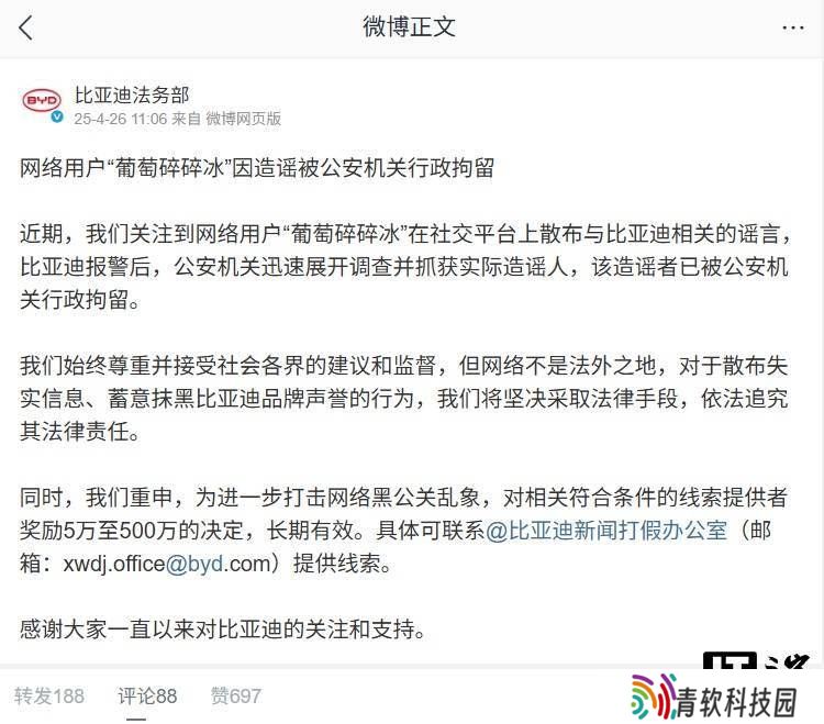 比亚迪法务部：网络造谣者“葡萄碎碎冰”已被行政拘留