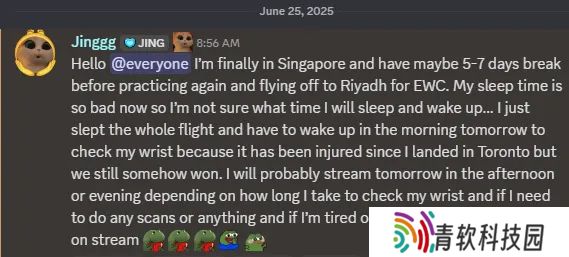 Jinggg：抵达多伦多的时候弄伤了手腕，但还是赢下了大师赛